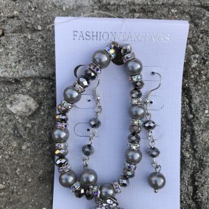Gray Pearl with crystal rhinestones and charm bracelet earring set