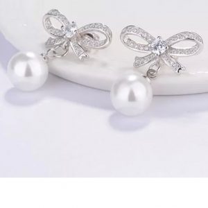 925 Sterling Silver Crystal Bow Pearl Earrings