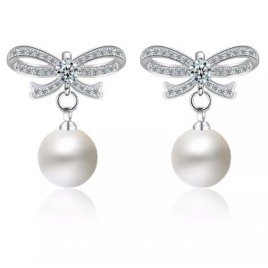 925 Sterling Silver Crystal Bow Pearl Earrings